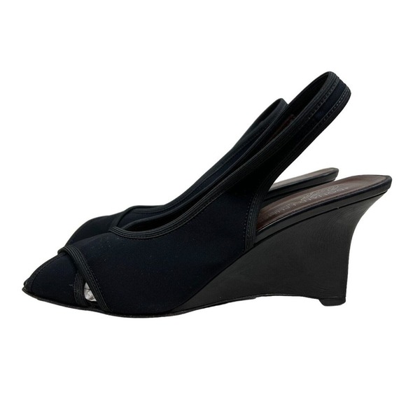 Donald J Pilner Tyna Sandal Wedge Textile Crossover Peep Toe Black Women Size 8M - Picture 3 of 9